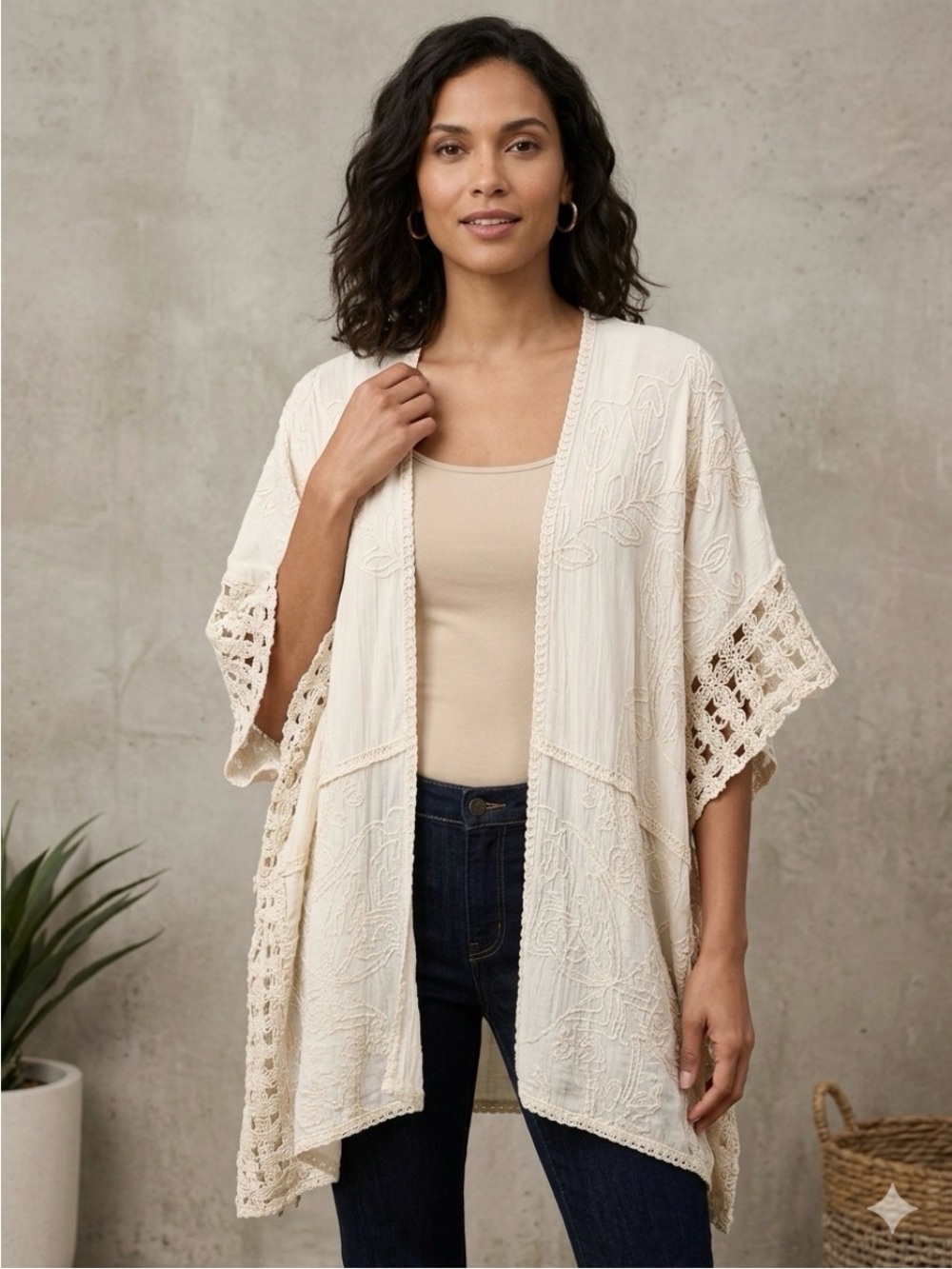 P0045.  Chico’s Neutral Cream Crochet-Trim Kimono -